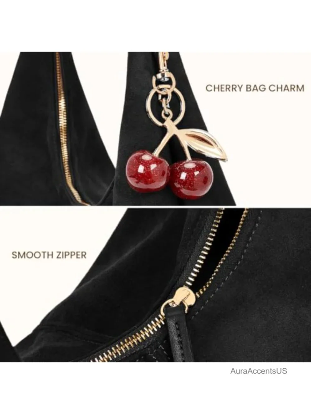 Vegan Suede Slouchy Hobo Bag Large Shoulder Purse with Cherry Charm